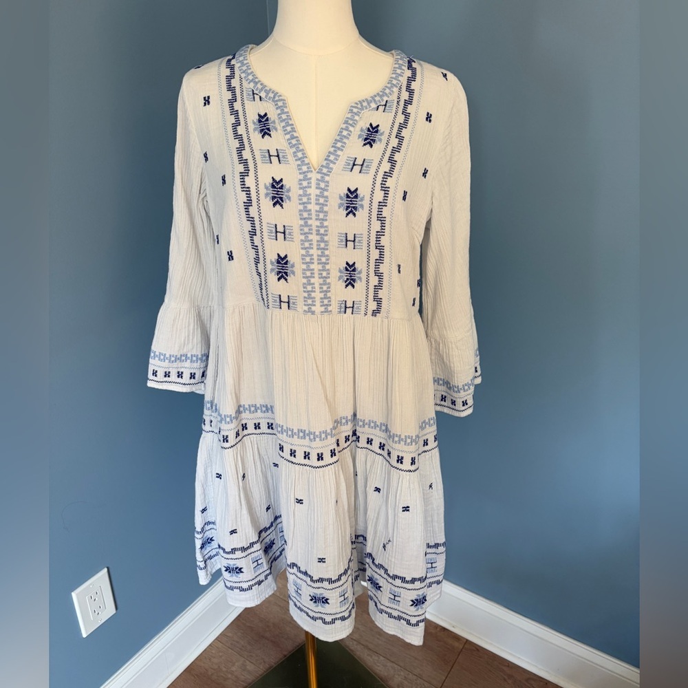 Fat Face Embroidered Boho Tunic Dress Cream Blue Cotton Tiered Mini Size 6 - Picture 2 of 9